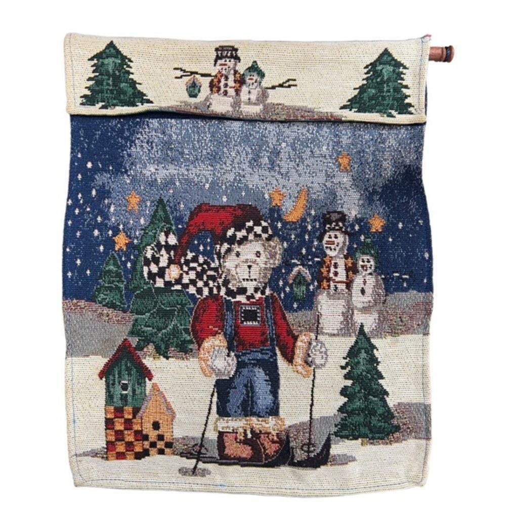 Vintage Holiday Hanging Tapestry Snow Skiing Teddy Bear And Snowmen WW 2001